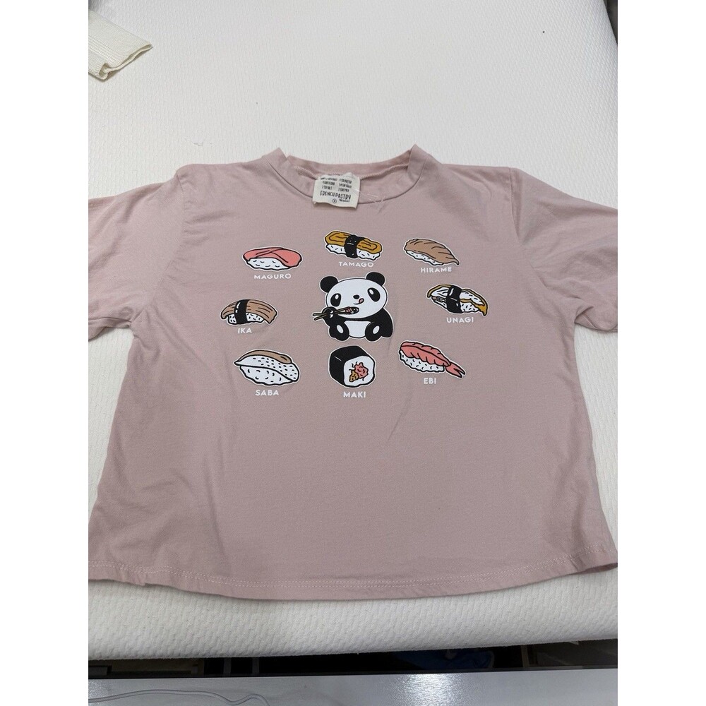 French Pastry Girls Size S Pink Panda Sushi Graphic Cropped T-Shirt Kawaii